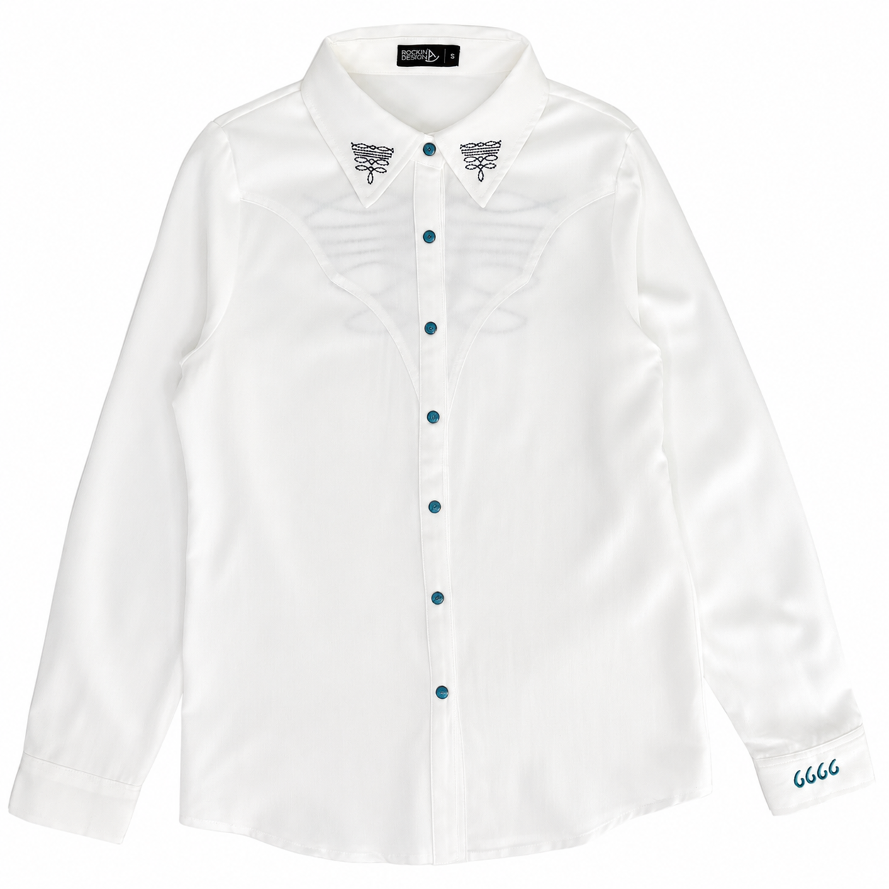 Boot Stich Embroidered White Top w/ Turquoise Snaps