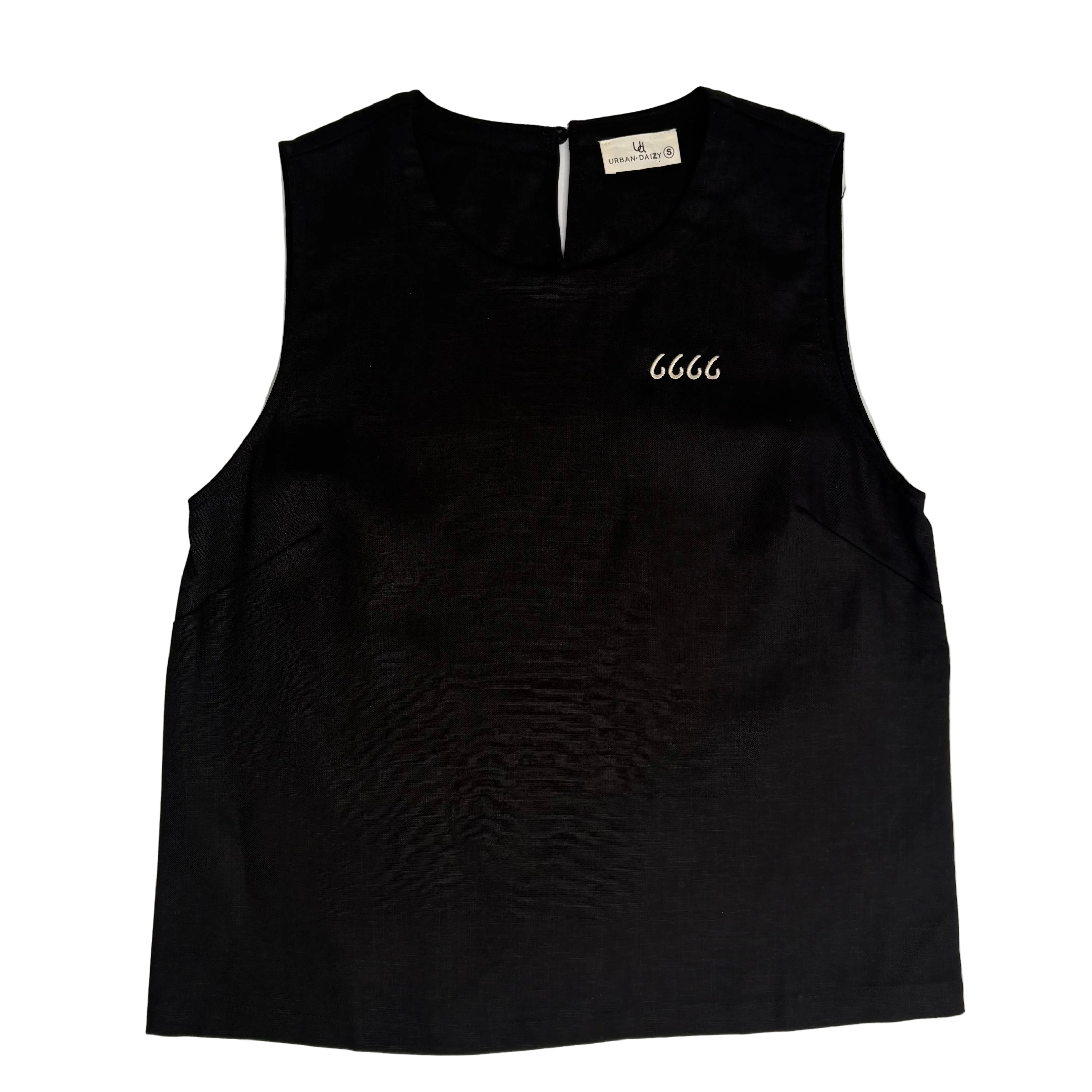 Four Sixes Black Linen Sleeveless Keyhole Top