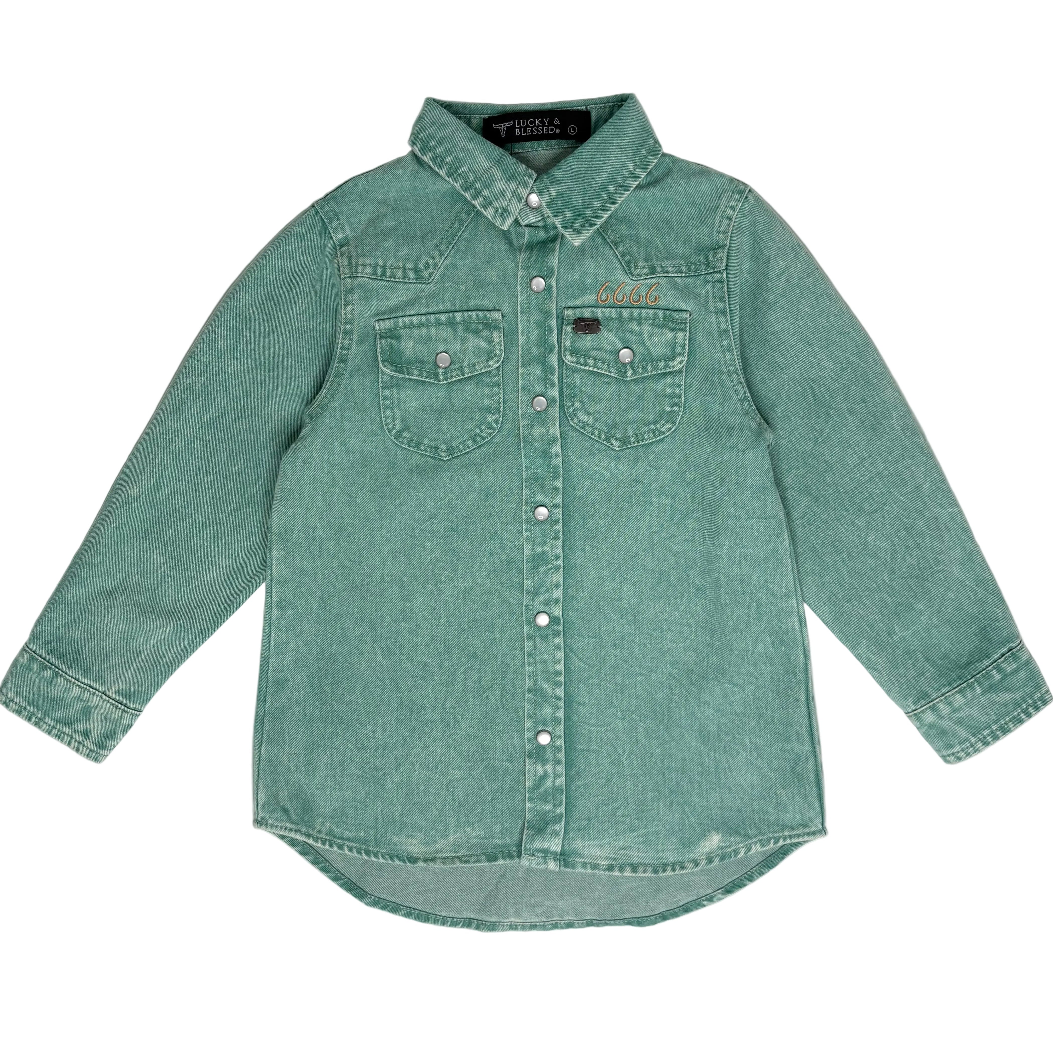 Girls Jade Denim Pearl Snap Long Sleeve Shirt