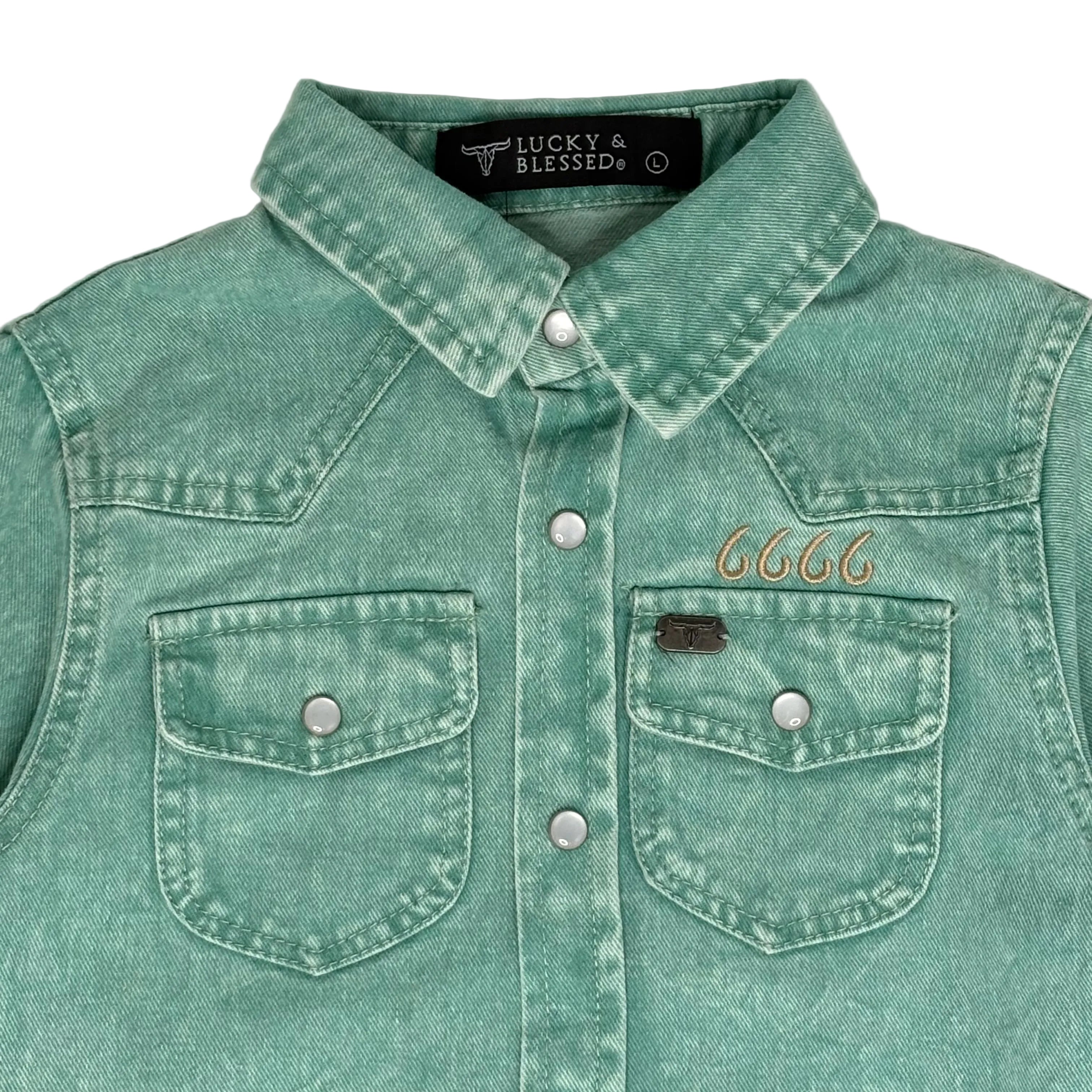 Girls Jade Denim Pearl Snap Long Sleeve Shirt