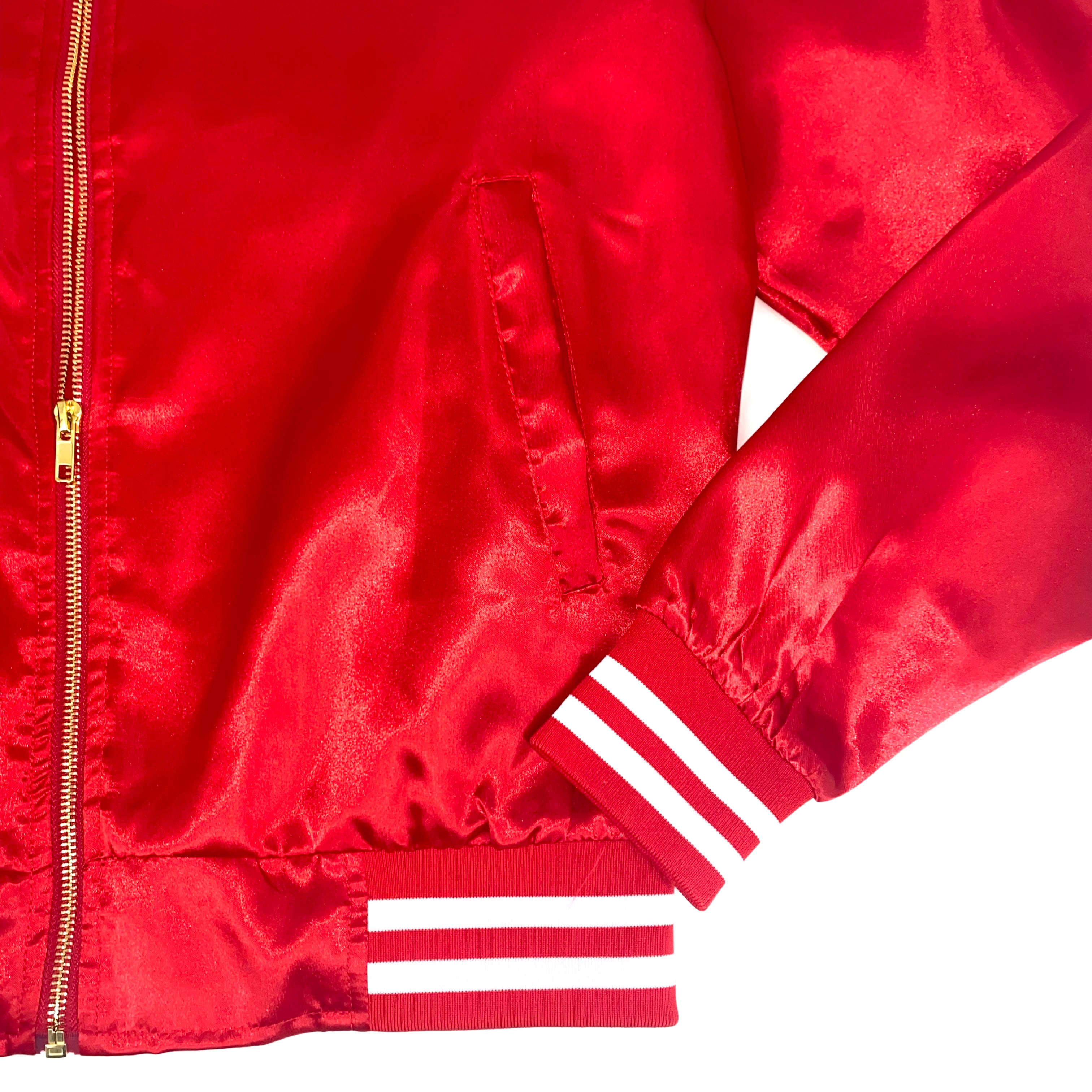 Four Sixes Red Satin Bomber Jacket