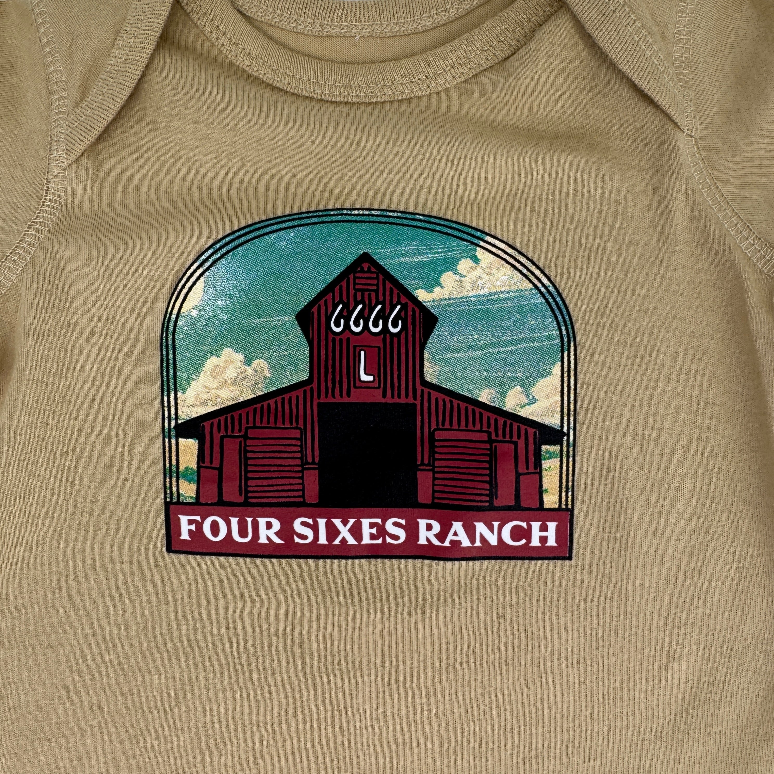 Infant Onesie featuring Four Sixes "L Barn"