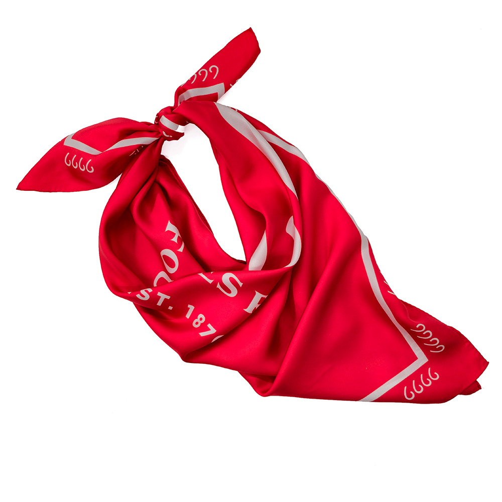 Four Sixes Red Silk Scarf 35x35 Tied