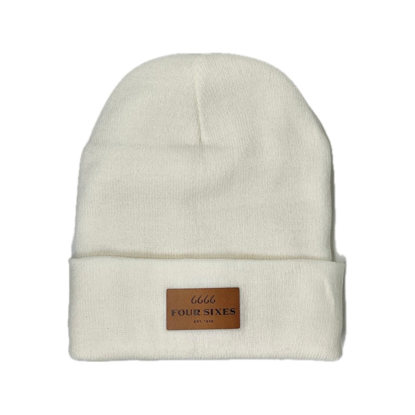 Fleece Lined Beanie - White w/ Leather Patch