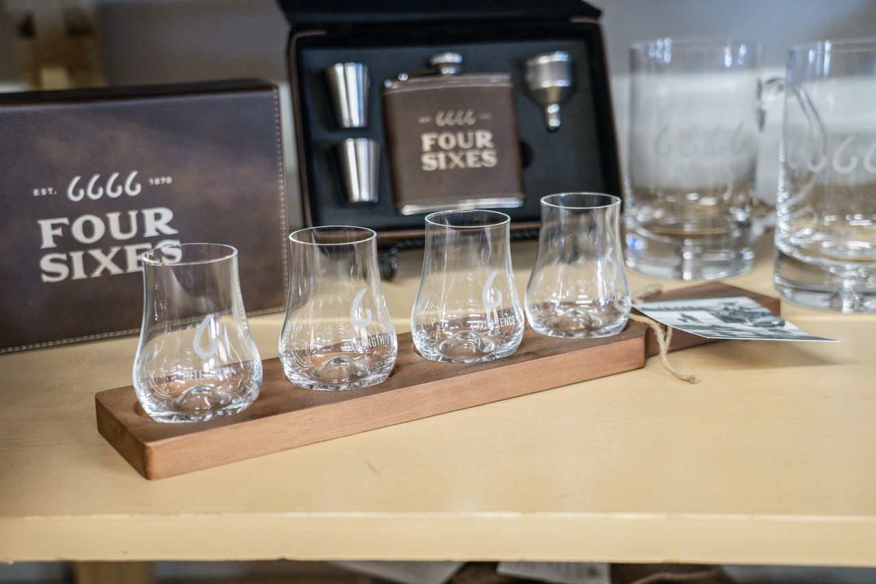 Four Sixes Whiskey Flight Board with 4 Glasses
