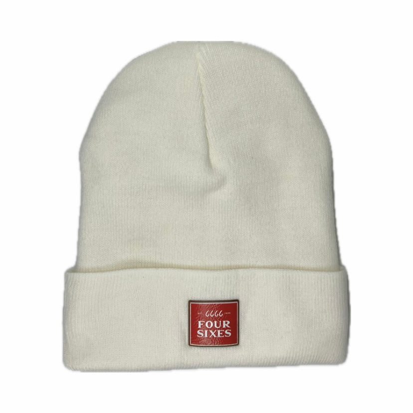 Fleece Lined Beanie - White w/ Red Patch