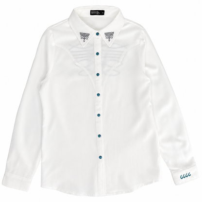 Boot Stich Embroidered White Top w/ Turquoise Snaps