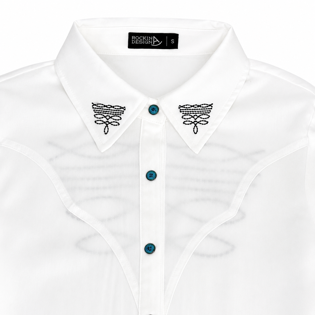 Boot Stich Embroidered White Top w/ Turquoise Snaps