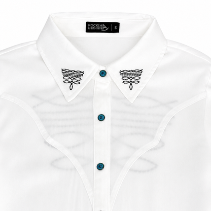 Boot Stich Embroidered White Top w/ Turquoise Snaps
