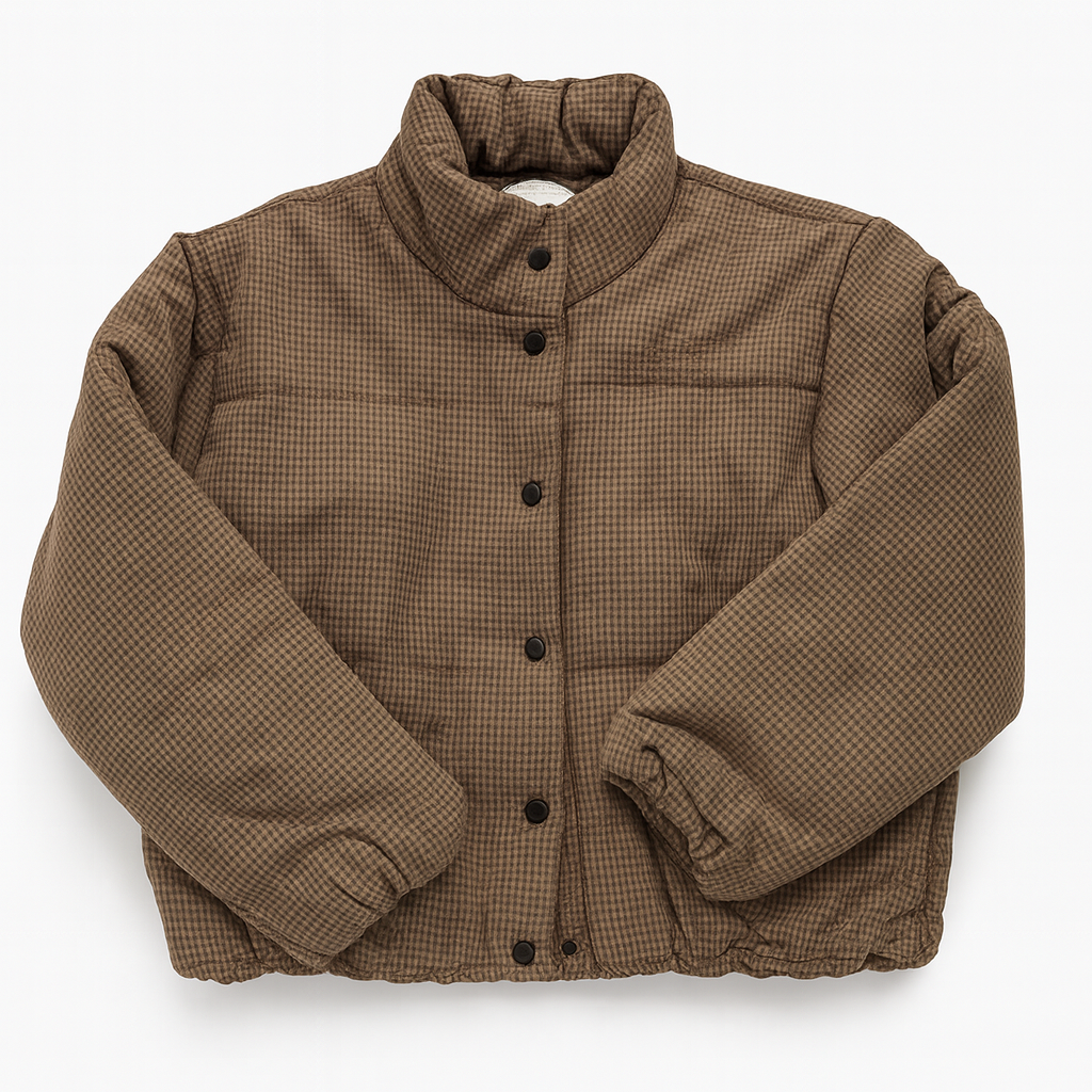 Ladies Brown Gingham Puffer Jacket
