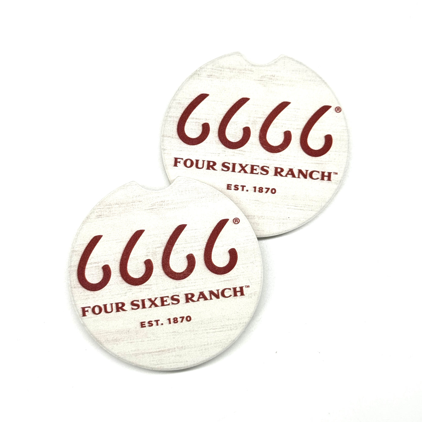 White Four Sixes Logo Ceramic Car Coasters- Set of 2