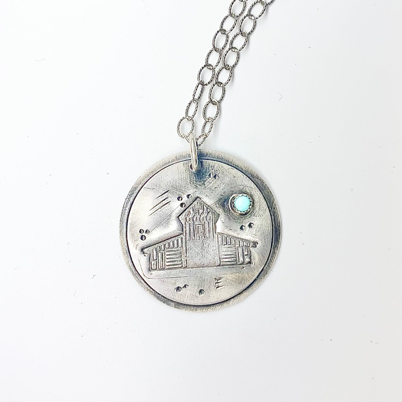 L Barn Necklace With Single Turquoise Inset on right