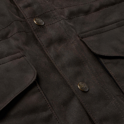 Schaefer Rangewax Drifter Coat in Oak up close of fabric