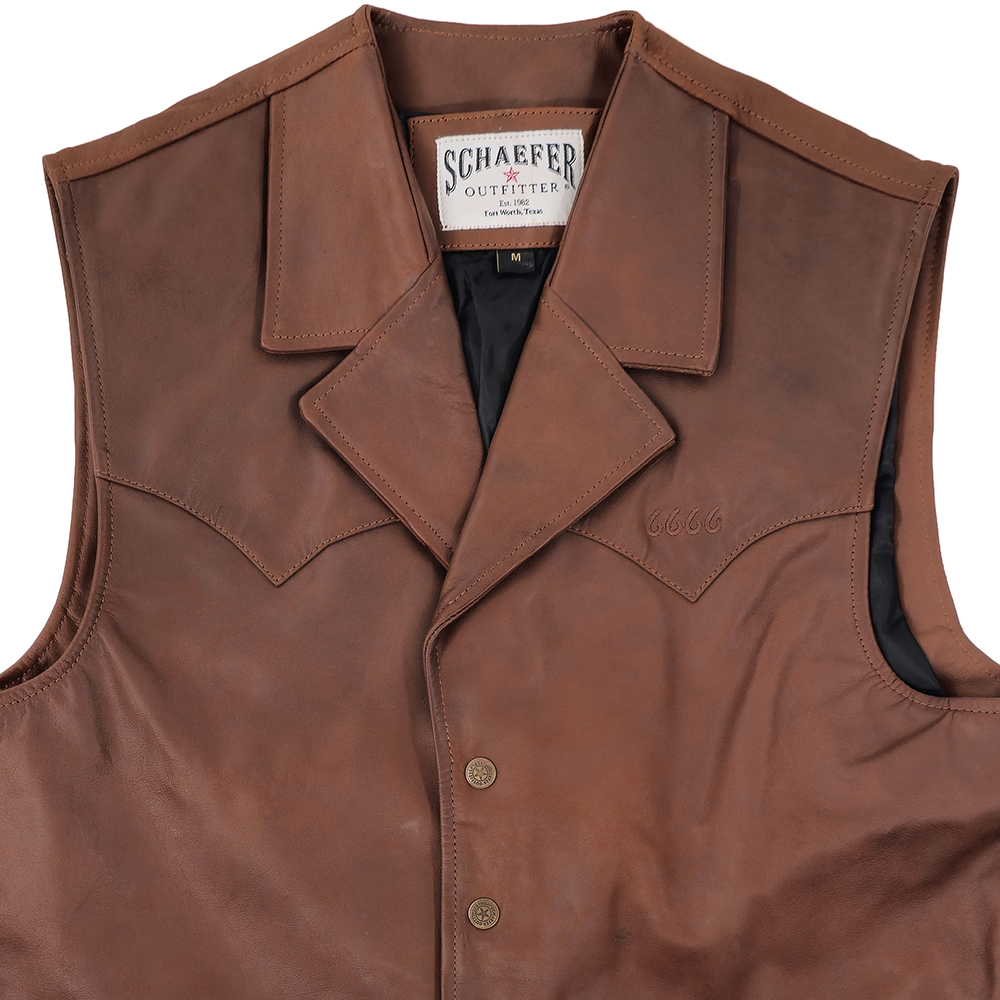 Schaefer Bowie Leather Vest up close of 6666 Brand- Whiskey