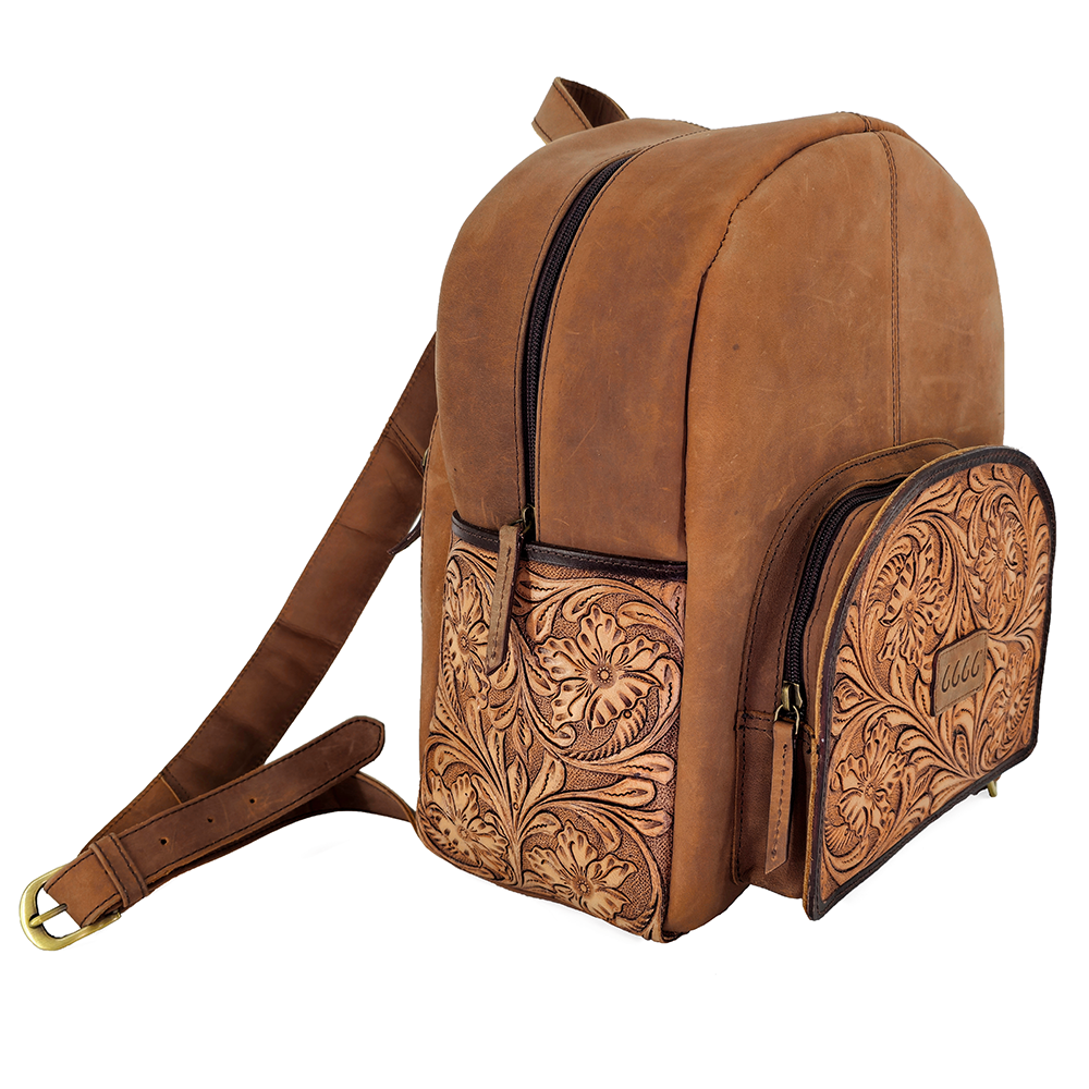 Tooled Leather Backpack Side View